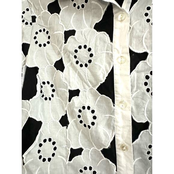 SAMUEL DONG White Black Floral Eyelet Lace 3/4 Sleeve Shirt Blouse Button Up - M - Picture 3 of 5